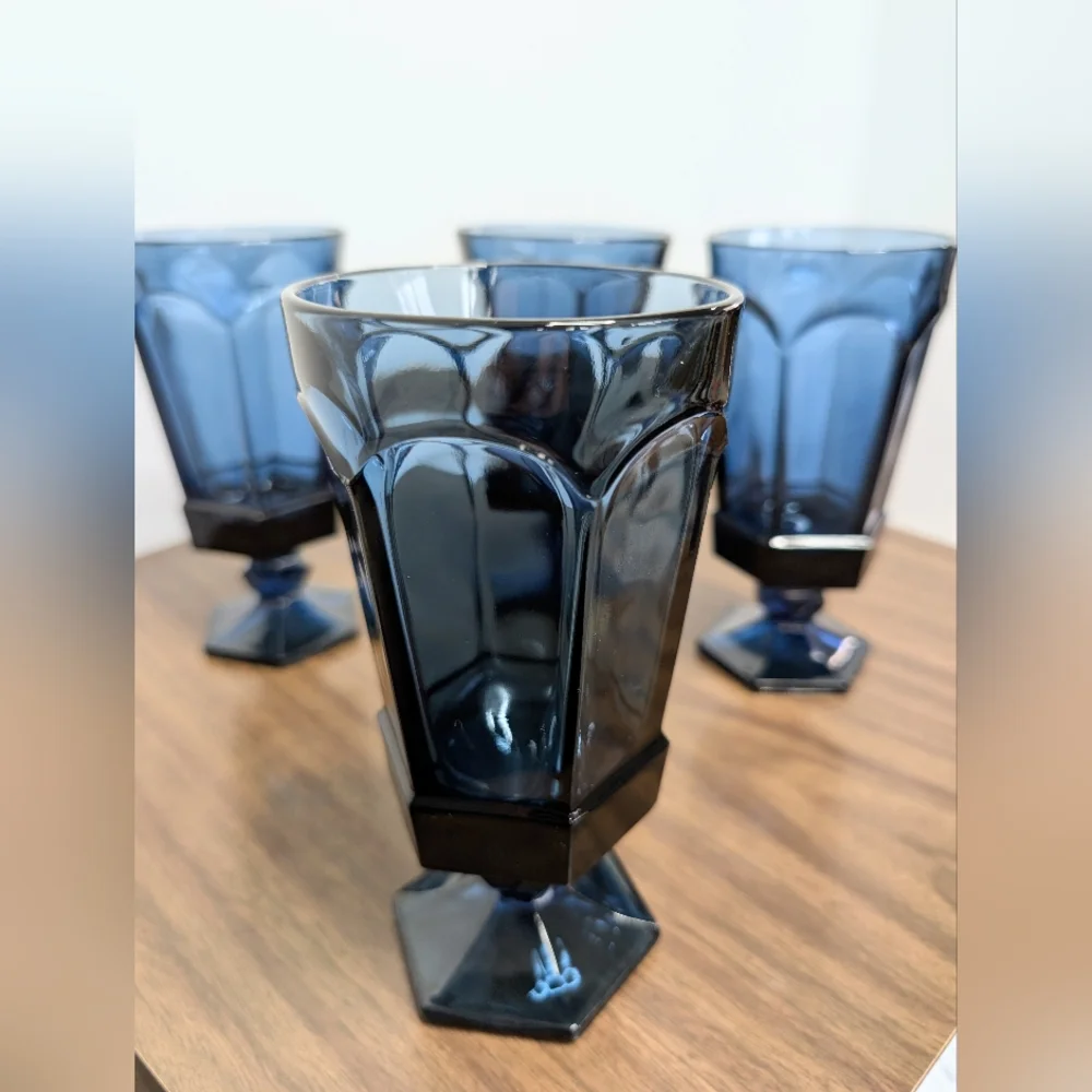 Set Of 4 Vintage 80s Dark Blue Virginia Pattern By Fostoria Ice Tea Glasses